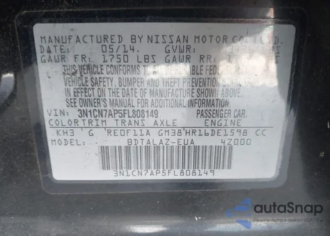 2015 Nissan Versa 1.6 S+ from USA, damaged, VIN 3N1CN7AP5FL808149